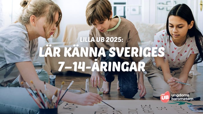 Tre barn sitter på golvet och målar tillsammans. Ovanpå bilden finns texten: "Lilla UB 2025: Lär känna Sveriges 7–14-åringar".